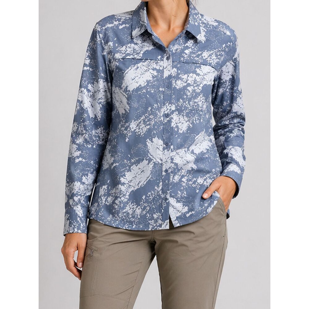 REI Co-op Blue Print Button Up Shirt Size L Outdoor Hiking Lightweight Stretch